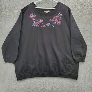 Woman Within Sweatshirt Women's Plus Size 3X 30/32 Black Floral Embroidered